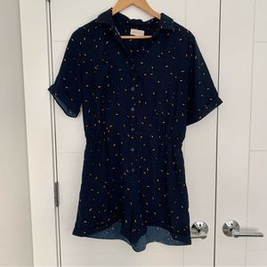 Mello Day Romper S Navy Yellow Print Collared